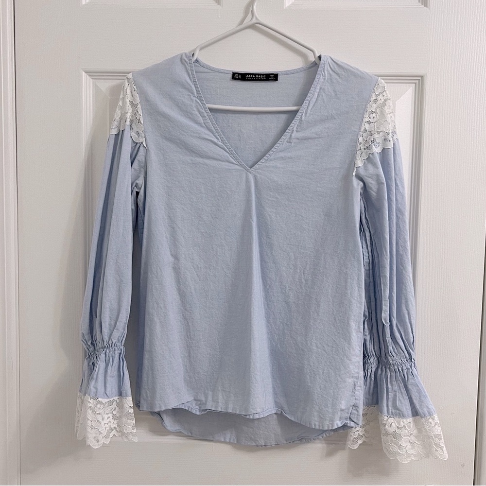 ZARA Basic sz S Light Blue Lace Ruffle Flounce Sleeve Cotton Prairie Blouse